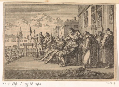 Te Madrid worden de hoofden van Don Pedro de Silva en Don Carlo di Padiglia afgesneden, 1648 by Caspar Luyken, print, 1698