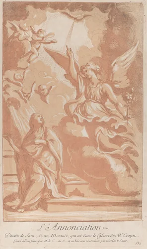 The Annunciation with the Virgin kneeling at left and Gabriel appearing at right by Anne Claude Philippe de Tubières, print, 1724-1734