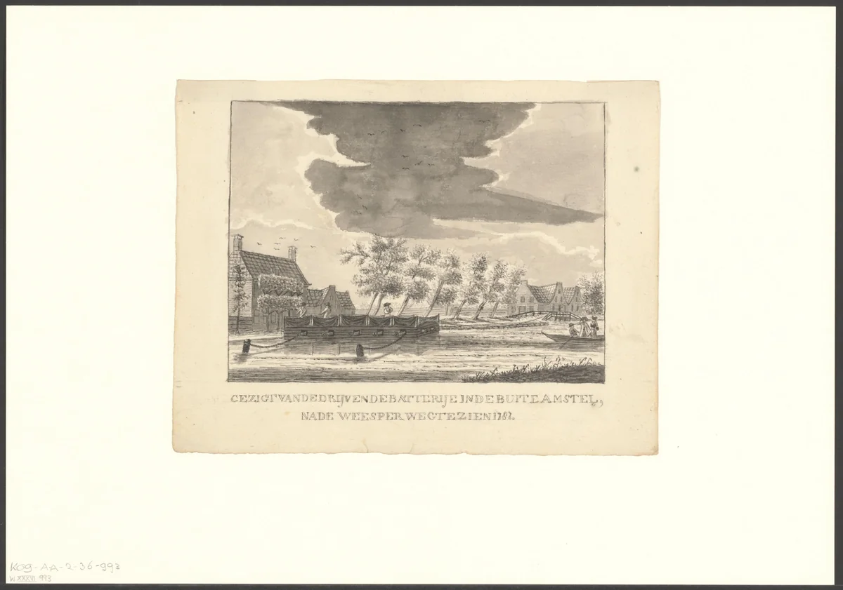 Gezicht op een drijvende batterij in de Amstel by anonymous, drawing, 1787-1899