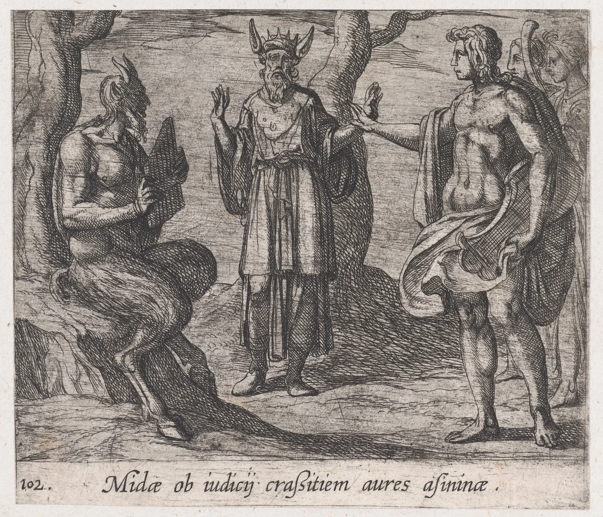 Plate 102: Midas with the Ears of an Ass (Midae ob iudicij craßustiem aures asininae), from Ovid's 'Metamorphoses' by Antonio Tempesta, print, 1606