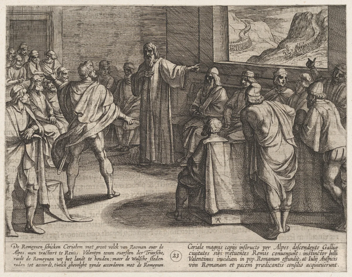 Plate 23: Conference on What Steps to Take Upon the Romans' New Troops Approaching Across the Alps, from The War of the Romans Against the Batavians (Romanorvm et Batavorvm societas) by Antonio Tempesta, print, 1611-1612