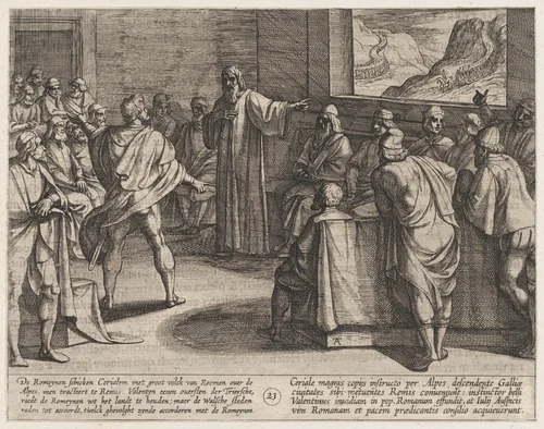 Plate 23: Conference on What Steps to Take Upon the Romans' New Troops Approaching Across the Alps, from The War of the Romans Against the Batavians (Romanorvm et Batavorvm societas) by Antonio Tempesta, print, 1611-1612