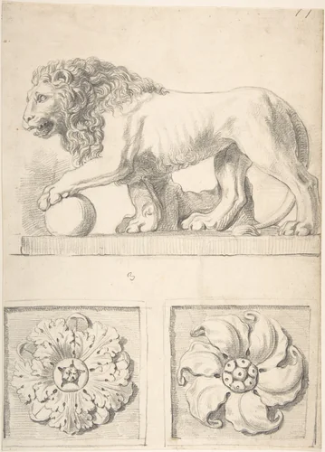 Classical Sculpture of a Lion and Two Rosettes by Thomas Hardwick, drawing, 1776-1779