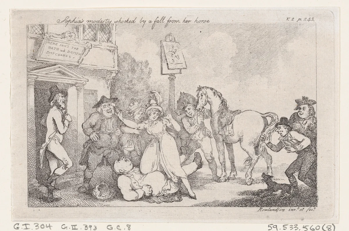 Sophia's Modesty Shocked by a Fall from her Horse, from "The History of Tom Jones, a Foundling" by Thomas Rowlandson, print, 1792