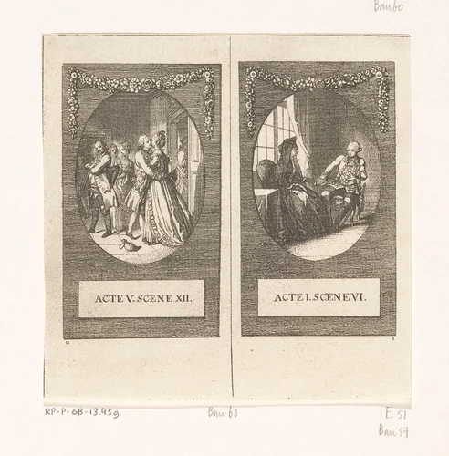 Twee scènes uit Minna von Barnhelm by Daniel Nikolaus Chodowiecki, print, 1769