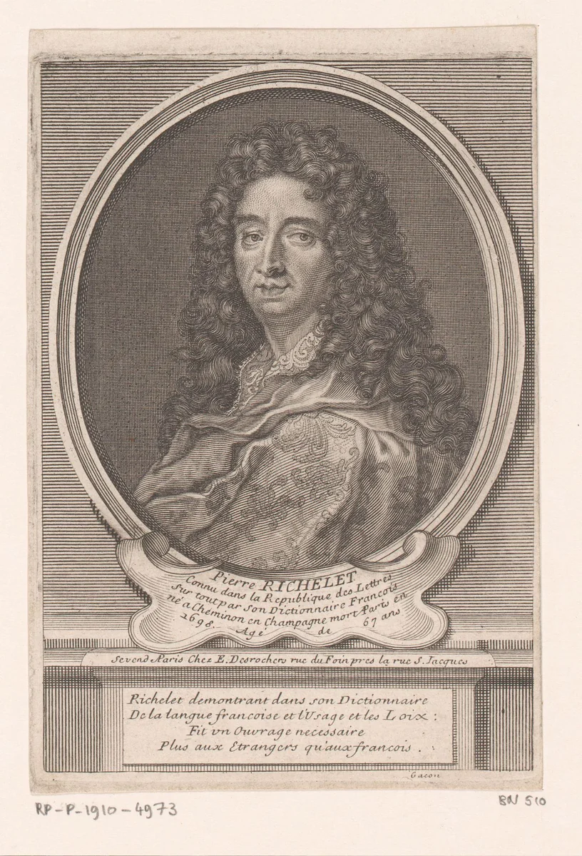 Portret van César-Pierre Richelet by Étienne Desrochers, print, 1726