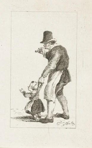 Staande man met kind aan een leiband by Pieter de Mare, print, 1779
