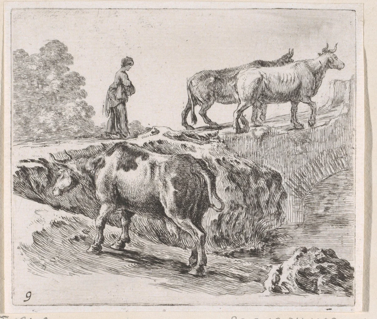 Drie koeien met herderin by Stefano della Bella, print, 1632-1664