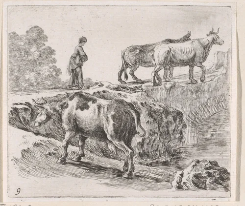 Drie koeien met herderin by Stefano della Bella, print, 1632-1664