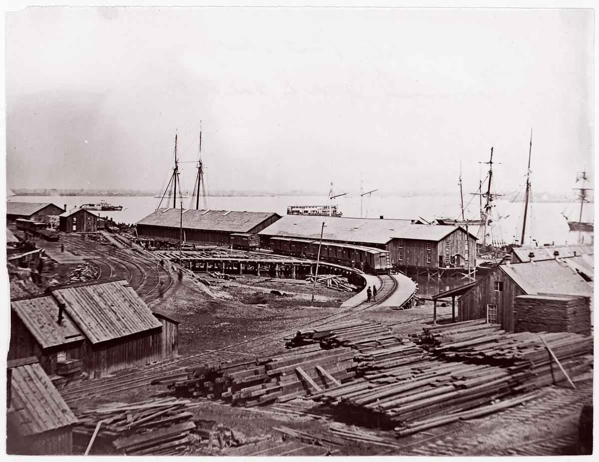 [Terminus of U.S. Military Rail Road, City Point, Virginia] by Andrew Joseph Russell, photograph, 1861-1865