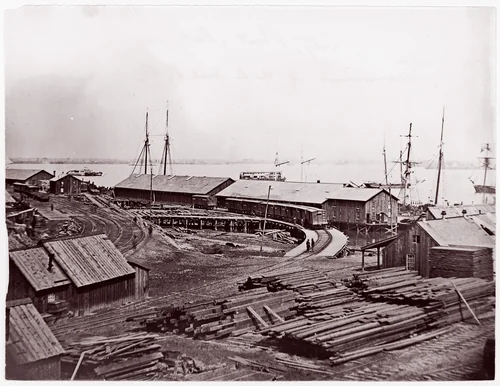 [Terminus of U.S. Military Rail Road, City Point, Virginia] by Andrew Joseph Russell, photograph, 1861-1865