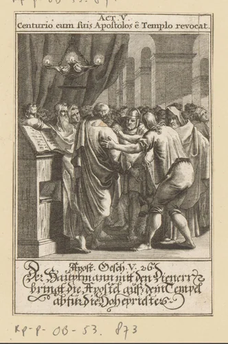 Hoofdman haalt de apostelen uit de tempel by anonymous, print, 1697