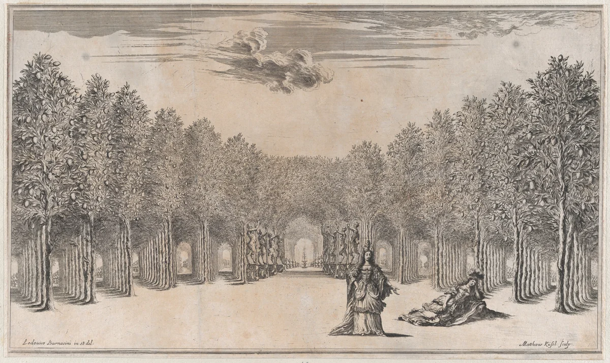 Two females in the foreground, one standing the other reclining, surrounded by tree-lined paths; set design from 'Il Pomo D'Oro' by Mathäus Küsel, print, 1668