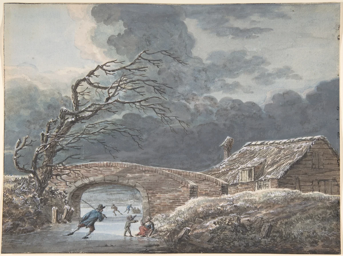 Winter Landscape with Skaters on a Frozen Canal by Vincent Jansz. van der Vinne, drawing, 1745-1811
