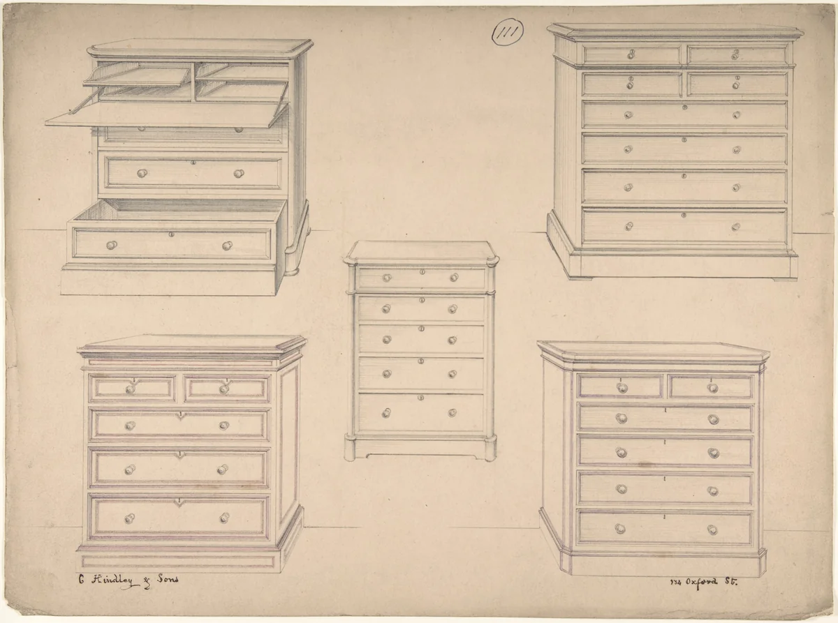 Designs for Chests of Drawers by Charles Hindley and Sons, drawing, 1841-1884