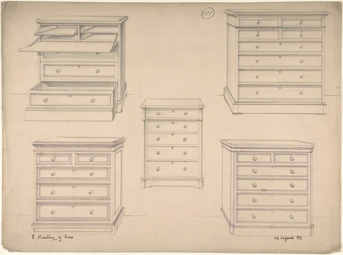 Designs for Chests of Drawers by Charles Hindley and Sons, drawing, 1841-1884