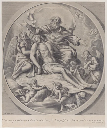 The Holy Trinity, with the dead Christ at center surrounded by angels, God the Father, and the Holy Spirit by anonymous, print, 1650-1690