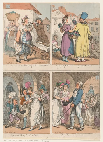 Four Scenes from "Cries of London" Series: Here's your Potatoes...; Buy my Moss Roses...; Light your Honor; Pray Remember the Blind by Thomas Rowlandson, print, 1801