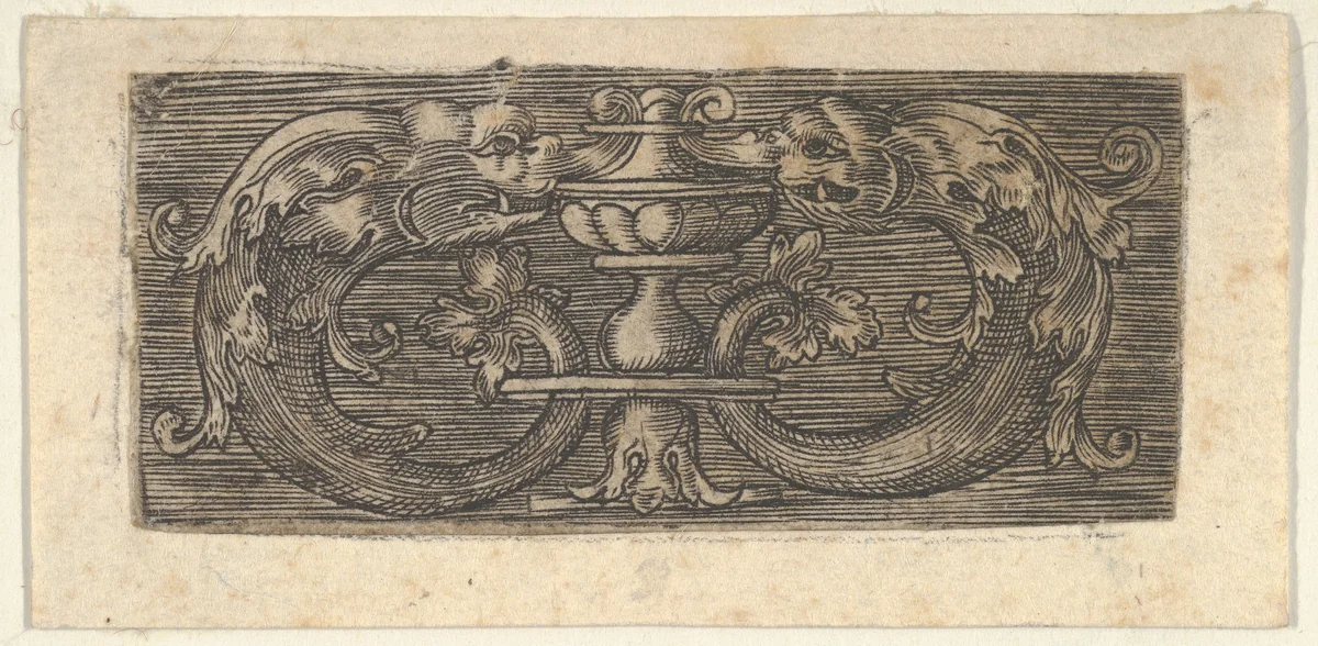 Copy of a Panel with Two Dolphins Facing a Vessel at Center by Jacob Binck, print, 1520-1600