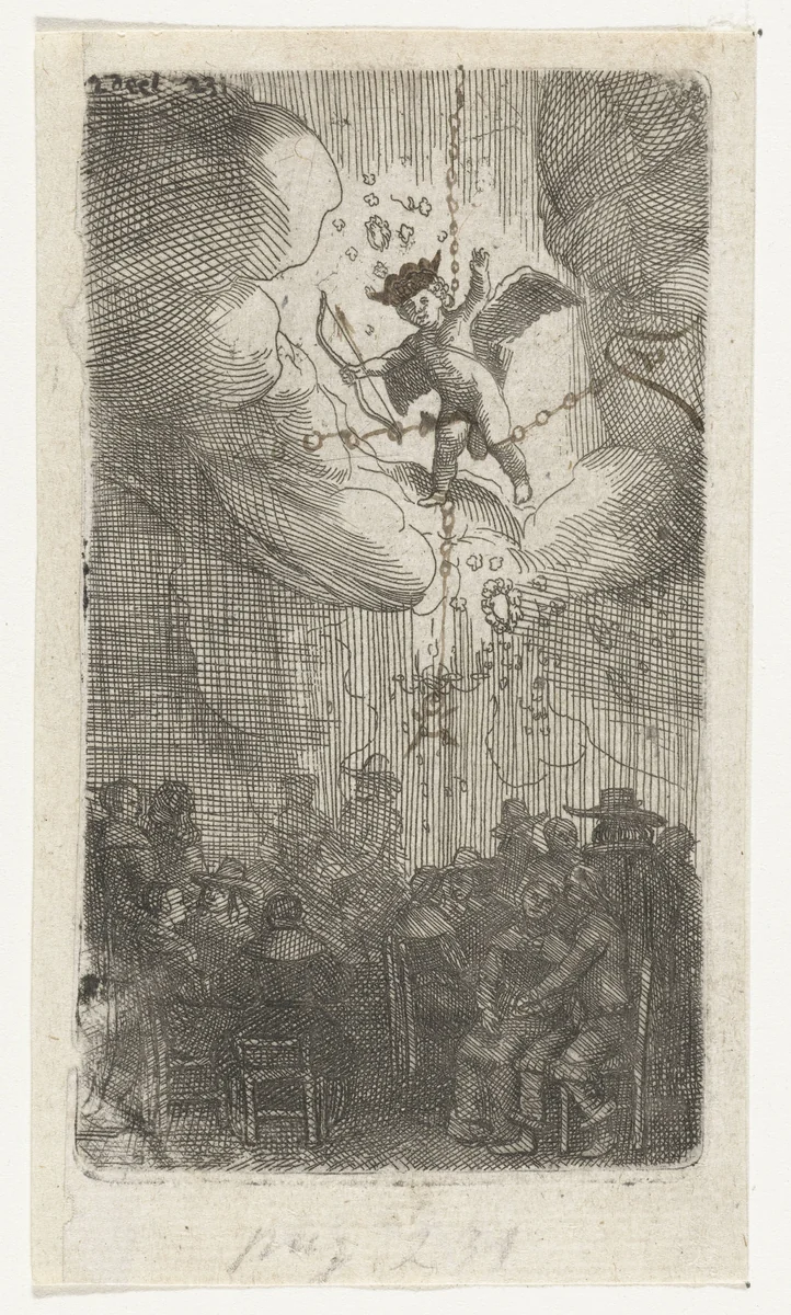 Zittende paren onder Cupido in de wolken by Samuel van Hoogstraten, print, 1648-1669