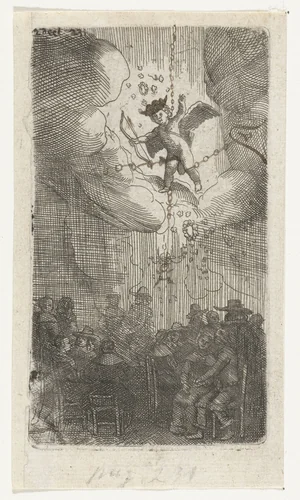 Zittende paren onder Cupido in de wolken by Samuel van Hoogstraten, print, 1648-1669