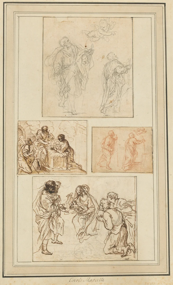 Studies of an Apostle Guided by an Angel and the Adoration of the Shepherds by Agostino Masucci, drawing, 1720-1750