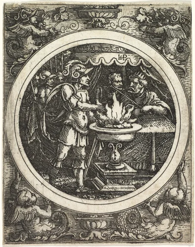 Mucius Scaevola Holding His Hand in the Fire by Hans Sebald Beham, print, 1515-1525