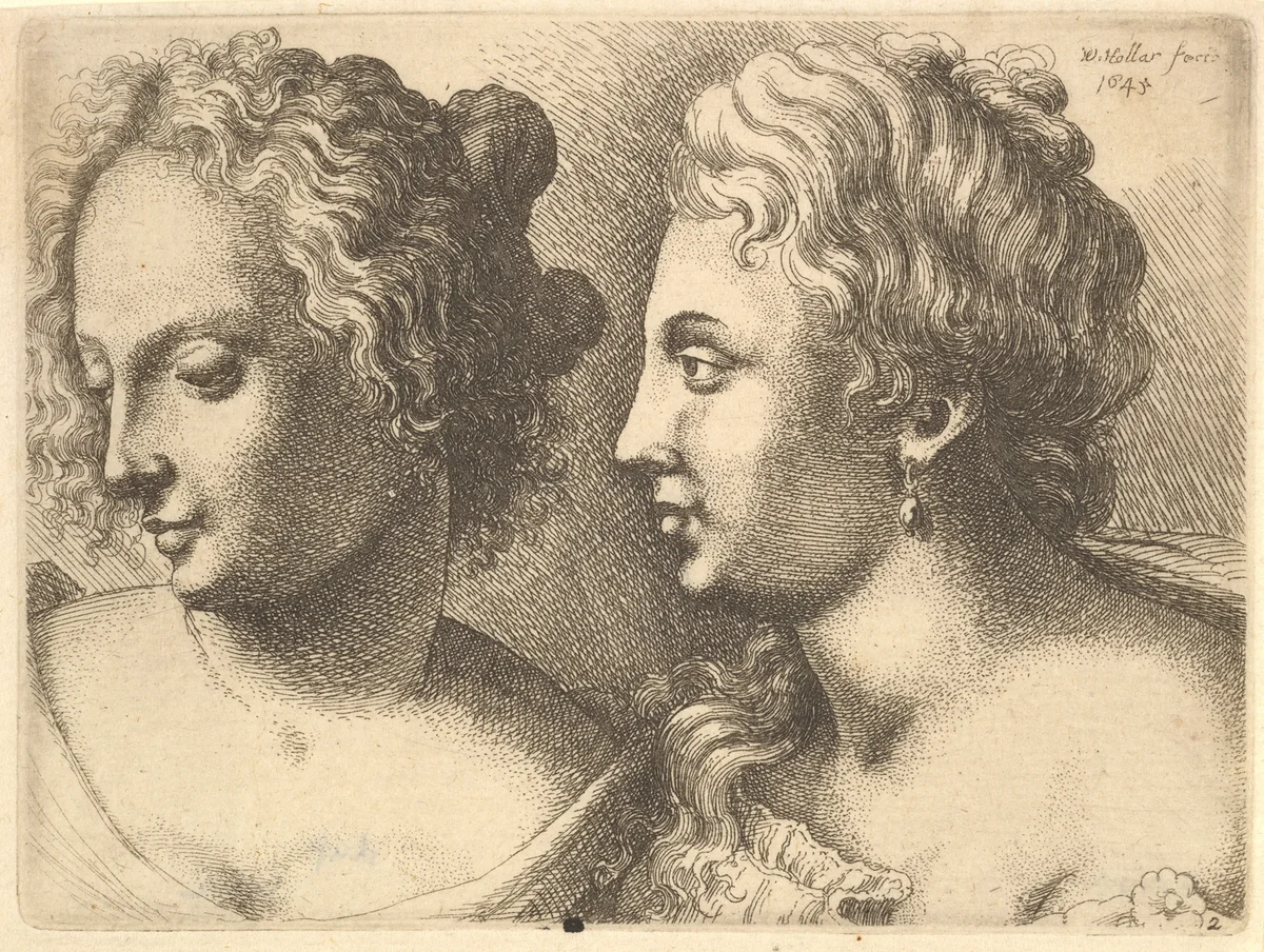 Heads of two young women by Wenceslaus Hollar, print, 1645
