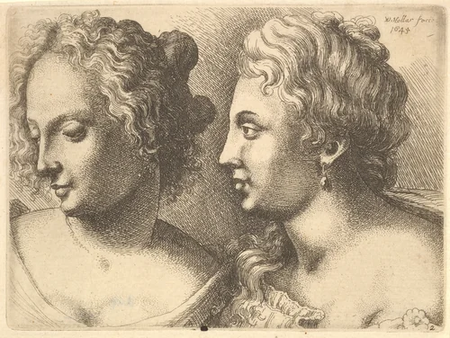 Heads of two young women by Wenceslaus Hollar, print, 1645