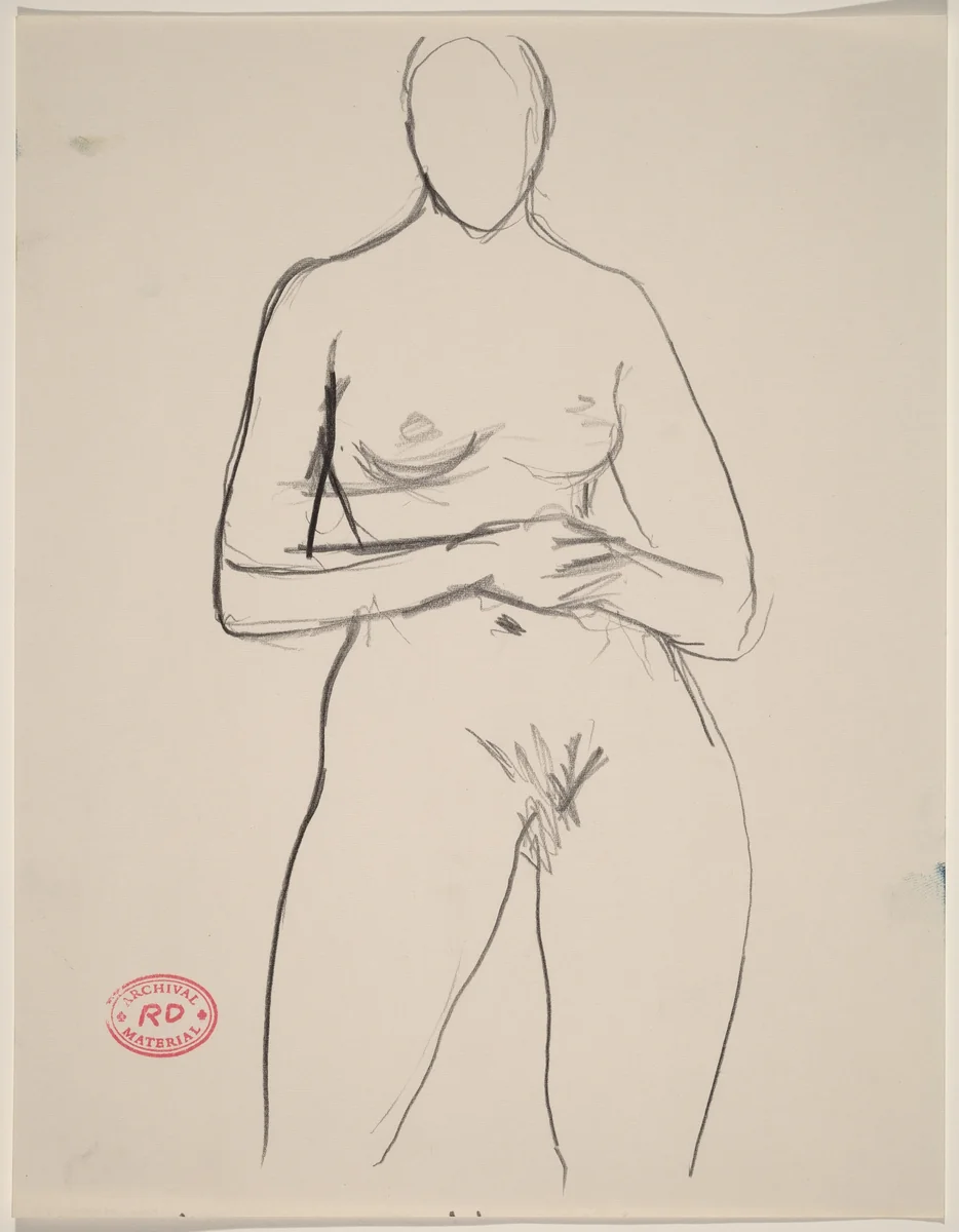 Untitled [front view of nude standing with hands on her belly] by Richard Diebenkorn, drawing, 1955-1967