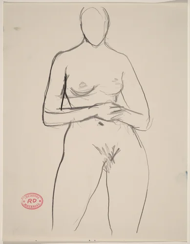 Untitled [front view of nude standing with hands on her belly] by Richard Diebenkorn, drawing, 1955-1967