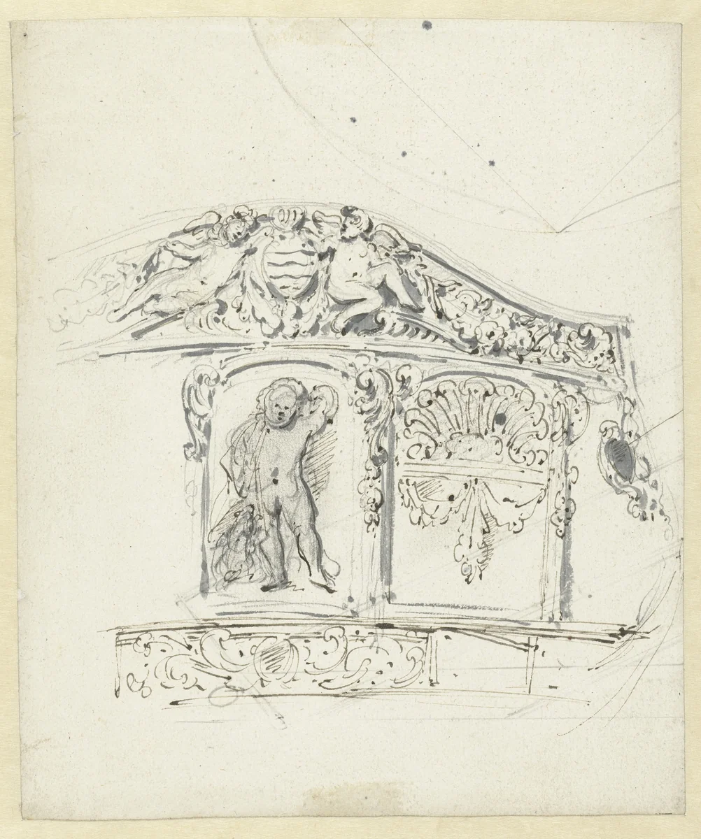 Spiegel van een jacht met een staande putto en een wapen in schild by Willem van de Velde, drawing, 1643-1707