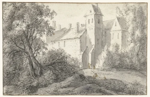 Gezicht op een groep huizen omsloten door hoge bomen by Anthonie Waterloo, drawing, 1619-1690