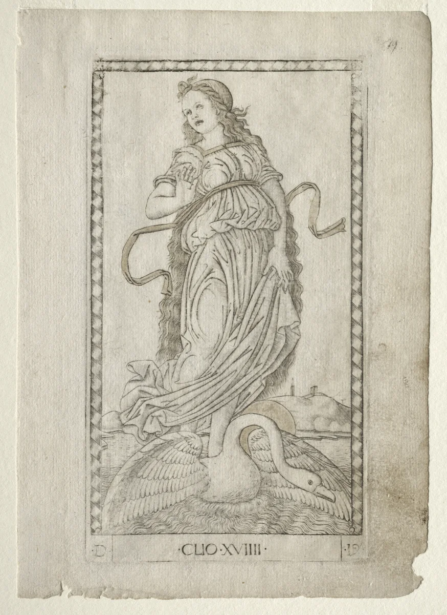 Clio (history) (from the Tarocchi series D: Apollo and the Muses, #19) by Master of the E-Series Tarocchi, print, 1457-1467