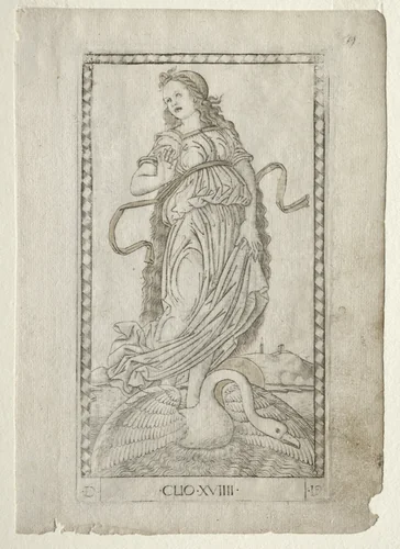 Clio (history) (from the Tarocchi series D: Apollo and the Muses, #19) by Master of the E-Series Tarocchi, print, 1457-1467