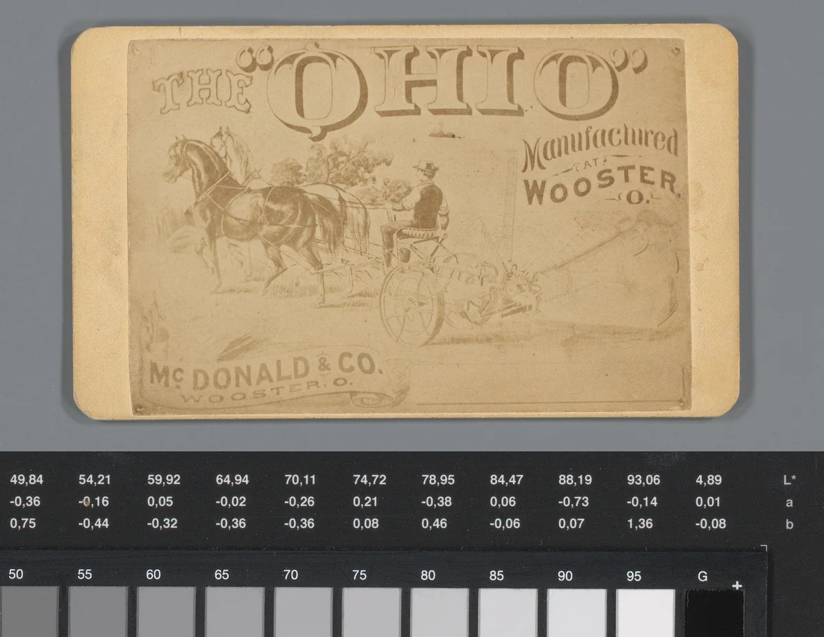 Reclame voor kunstgalerie Harry Bro's te Wooster, met fotoreproductie van een prent met een landbouwwerktuig voortgetrokken door paarden by anonymous, photograph, 1850-1915