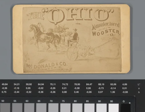 Reclame voor kunstgalerie Harry Bro's te Wooster, met fotoreproductie van een prent met een landbouwwerktuig voortgetrokken door paarden by anonymous, photograph, 1850-1915