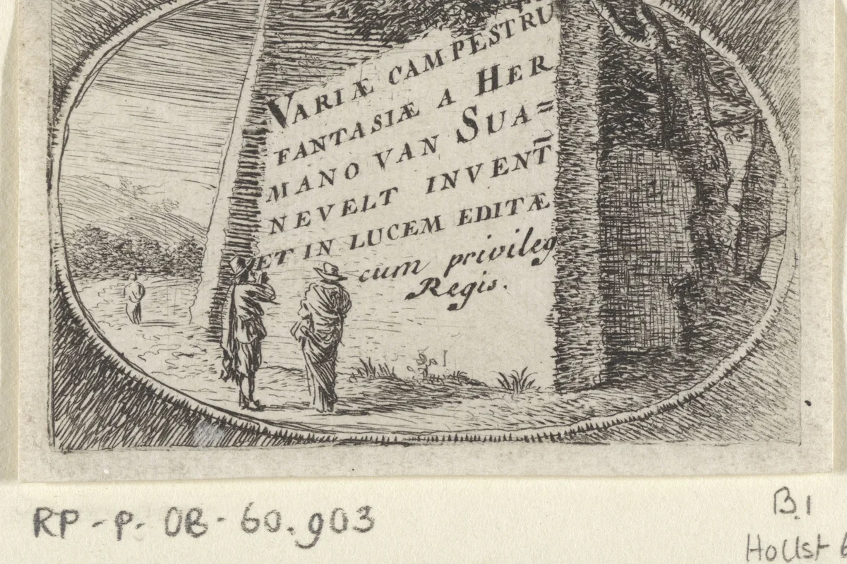 Twee mannen bij een monumentale steen met opschrift by Herman van Swanevelt, print, 1650-1655