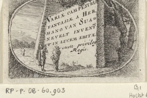Twee mannen bij een monumentale steen met opschrift by Herman van Swanevelt, print, 1650-1655