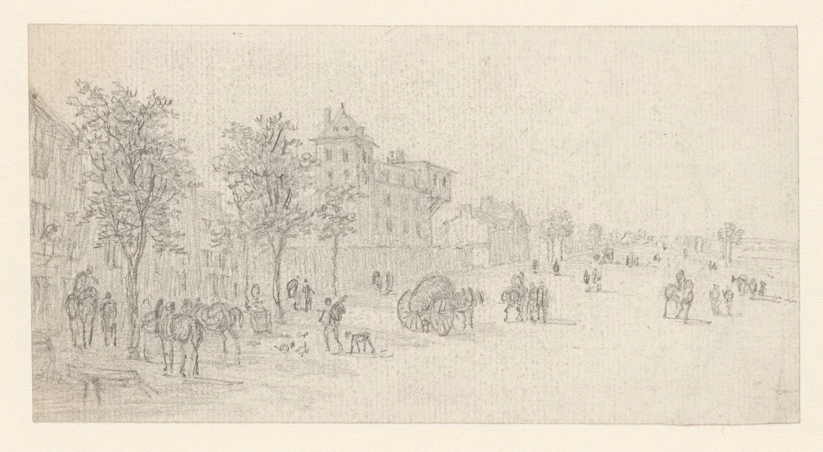 Pleisterplaats aan de rand van de stad, links twee afgespannen paarden by Georges Michel, drawing, 1773-1843