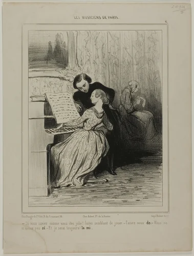 “- If you only knew how pretty you are!... Pretend you are playing! - stop it.. DO - You don't love me!...SO - I'll' always be yours. ... MI,” plate 6 from Les Musiciens De Paris by Honoré-Victorin Daumier, print, 1841