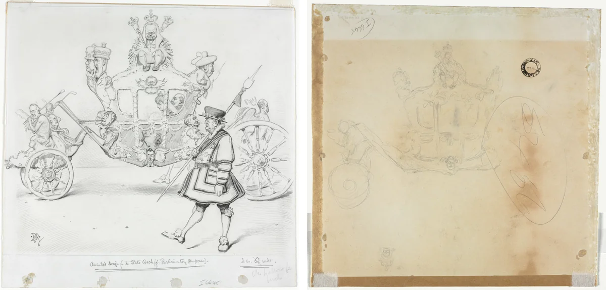 The Stagecoach for Parliamentary Purposes (recto) Study for Cab and Front Left Wheel of Coach and Study for Head of Crowned Figure Seated on Top of Coach (verso) by Edward Tennyson Reed, drawing, 1889-1933