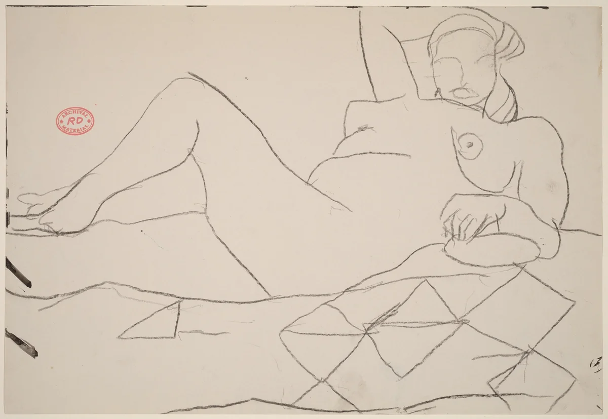 Untitled [reclining female nude on a quilt] by Richard Diebenkorn, drawing, 1955-1967