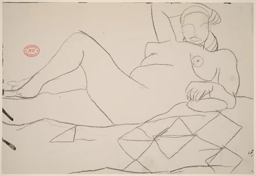 Untitled [reclining female nude on a quilt] by Richard Diebenkorn, drawing, 1955-1967