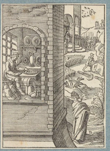 God én de mammon dienen gaat niet by Christoffel van Sichem, print, 1629