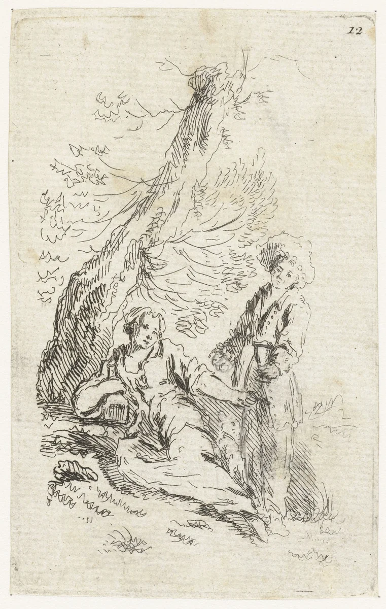 Jong stel drinkend bij een boom by François Boucher, print, 1727-1755