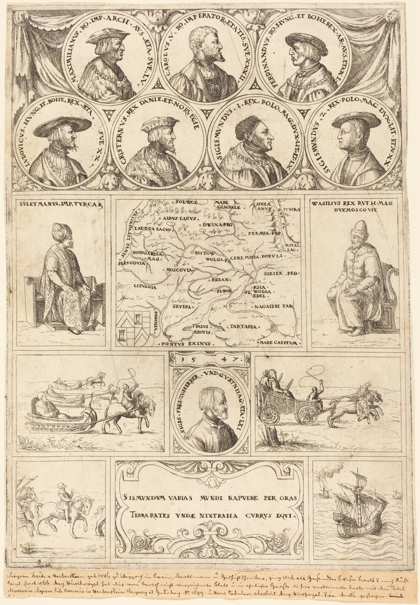 Map of Eastern Europe with portraits of Sigismund von Herberstein, Emperor Charles V, Emperor Maximilian I, Ferdinand of Hungary, Ludwig II of Hungary, Sigismund I of Poland, Sigismund II of Poland, Christian II of Denmark, Suleiman the Magnificent and Vasili III, Grand Prince of Moscow, and vignettes showing four journeys made by Herberstein by Augustin Hirschvogel, print, 1548