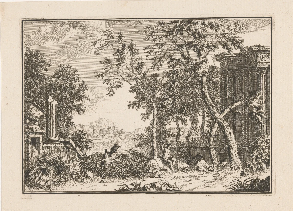 Arcadisch landschap met herder tussen ruïnen by Louis Fabritius Dubourg, print, 1713-1775