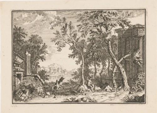 Arcadisch landschap met herder tussen ruïnen by Louis Fabritius Dubourg, print, 1713-1775