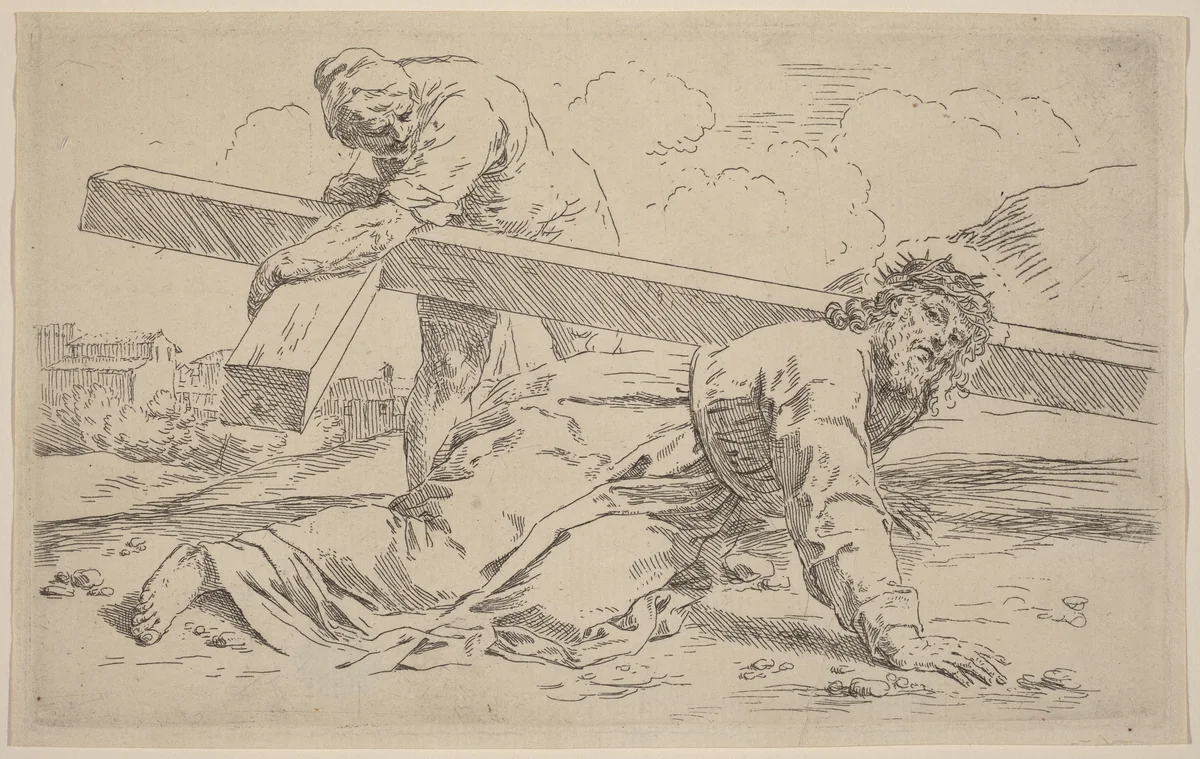 The Carrying of the Cross by Simone Cantarini, print, 1612-1648